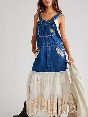 Carhartt Blue Denim Overall Dress with Cream Lace Hem